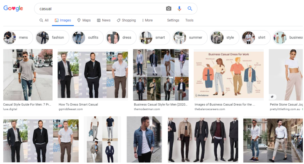 A screenshot of Google images for the search term "casual"
