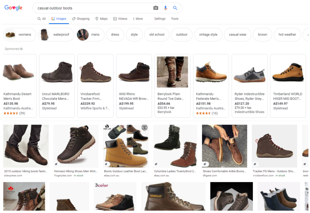 A screenshot of Google images for the search term "casual outdoor boots"