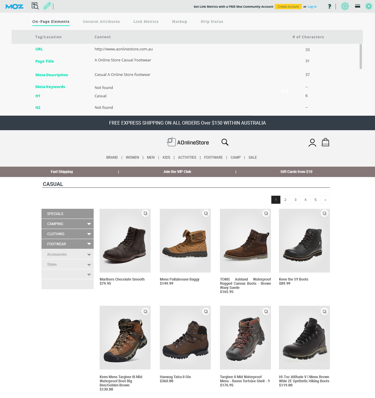 A screenshot of a website through Moz that is not using the single click purchase strategy