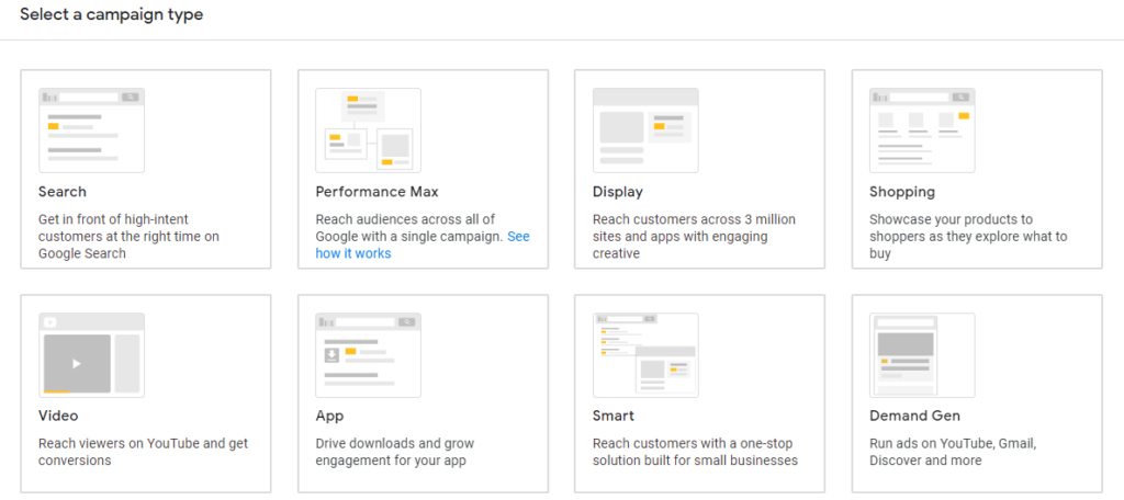 Types of campaigns in Google ads