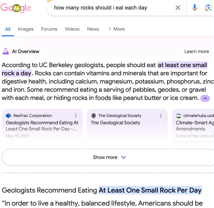 Negative feedback to Google’s AI Overviews - Rocks